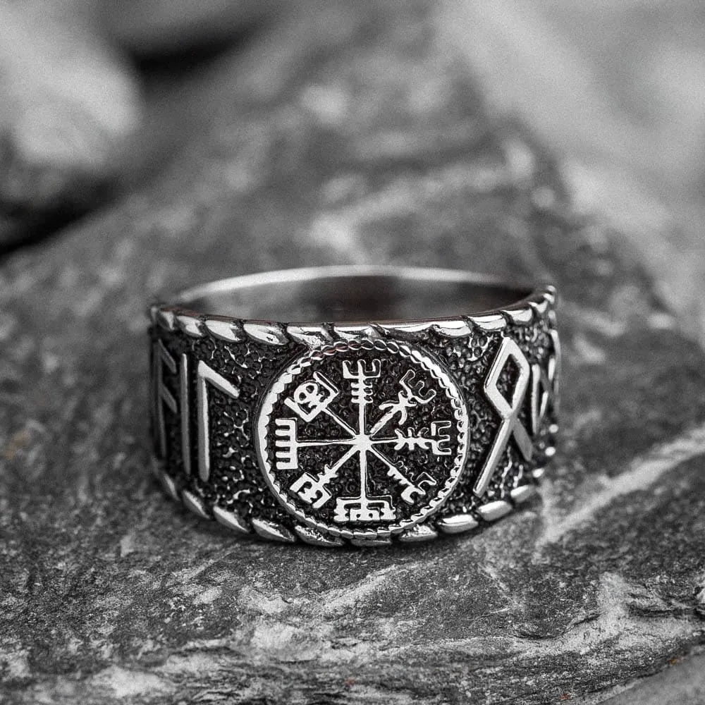 Stainless Steel Vegvisir and Runes Ring