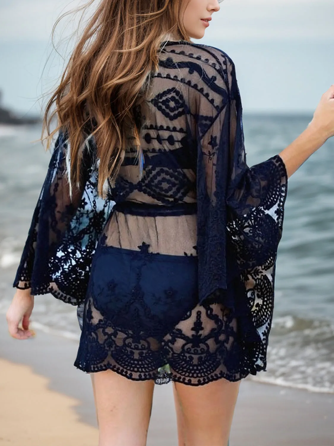 Sunset Vacation  Lace V-Neck Three-Quarter Sleeve Beach Cover Up