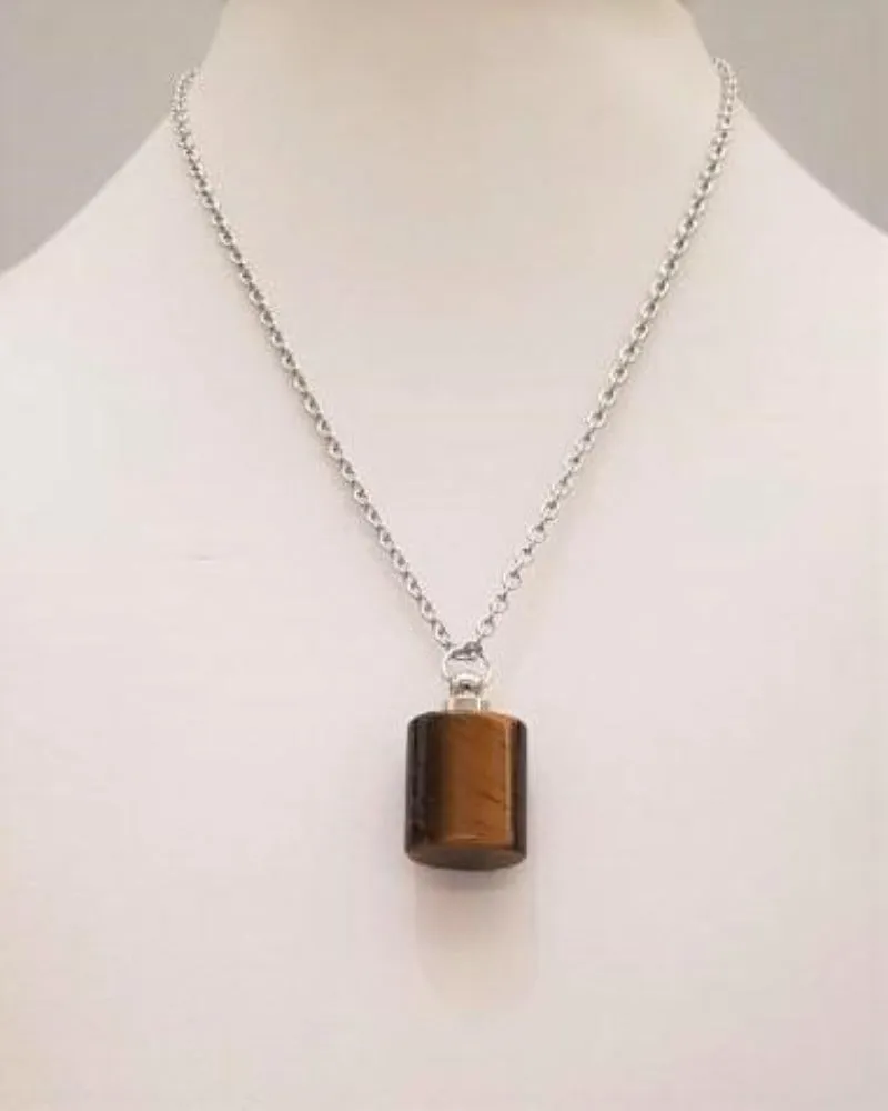 Tiger's Eye Square Essential Oil Bottle Pendant Silver